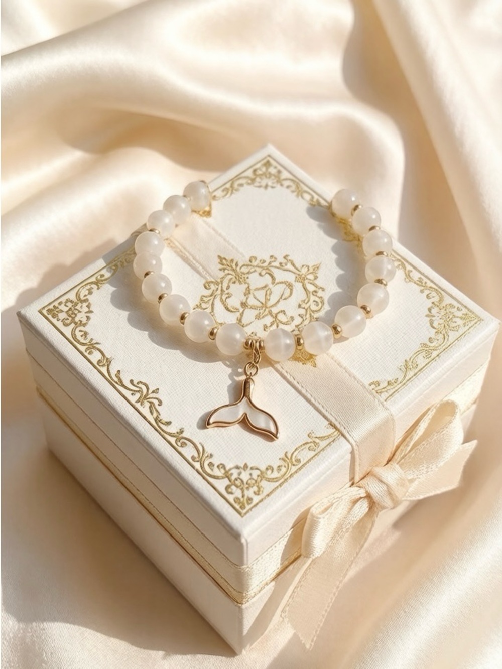Bead Bracelet with Gold Whale Tail Charm - White